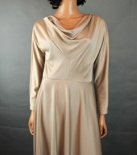 70s Maxi Dress S Vintage Long Sleeve Shiny Beige … - image 2