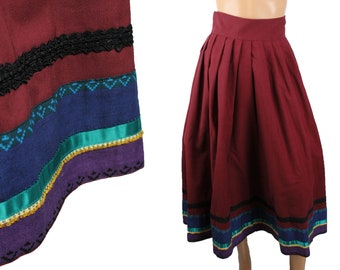 Prairie Girl Skirt S Vintage Dark Burgundy Red Striped Pleated Peasant Costume