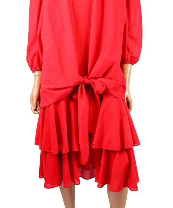 80s Twinset Dress Sz L Vintage Red Crepe Ruffled … - image 2