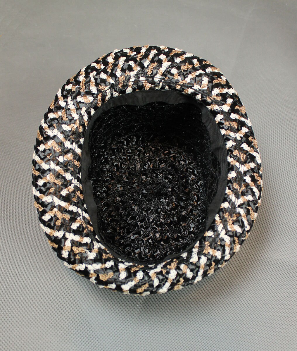 Raffia Bowler Hat S 6 3/4 Vintage 60s Black White Brown  display picture 2