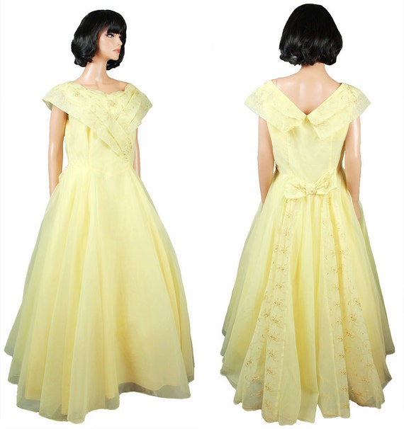 50s Prom Dress L XL Vintage Long Yellow Chiffon G… - image 4