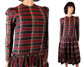 80s Prom Dress Sz 6 S Vintage Black Burgundy Red Metallic Gold Long Sleeve Gown