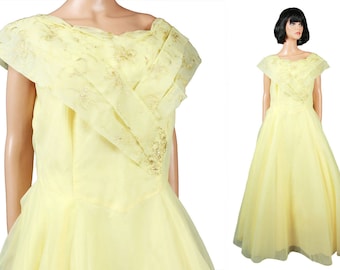 Jaren 50 galajurk L XL vintage lange gele chiffon trouwjurk met gouden borduursels