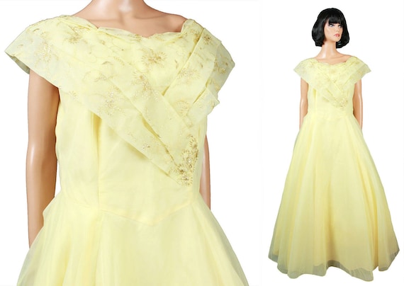 50s Prom Dress L XL Vintage Long Yellow Chiffon Go