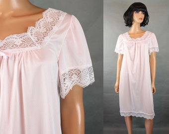Shortie Nightgown Sz S Vintage Spotlight Pale Pink Nylon White Lace Short Sleeve