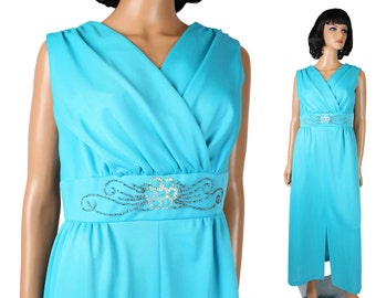 70s Disco Dress Sz L Vintage Long Sleeveless Sky Blue Silver Beaded Costume Gown