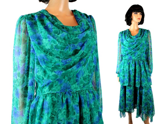 80s Cocktail Dress Sz M L 12 Vintage Long Blue Gr… - image 1