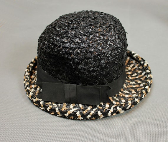 Raffia Bowler Hat S 6 3/4 Vintage 60s Black White… - image 6