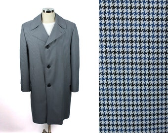 Vintage Top Coat Sz 42R 70s Blue Gray Houndstooth Rain Jacket Removable Lining