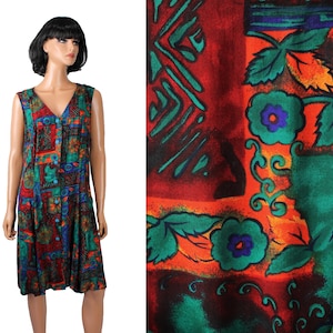 90s Boho Rayon Dress 18W XL Vintage Floral Patchwork Print Corset Back Sundress