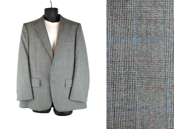 Glen Check Blazer 38R Vintage Gray Wool Blend Che… - image 1