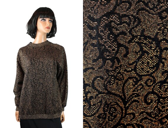 Vintage 80s Sweater M L Black Sparkly Gold Thin P… - image 1