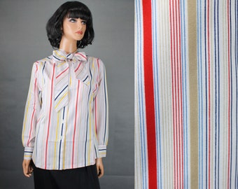 Pussy Bow Blouse 16 L Vintage 80s Rainbow White Stripe Long Sleeve Dress Shirt