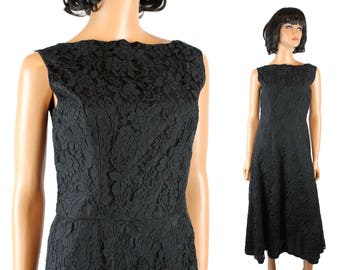 60s Cocktail Dress Sz M Vintage Black Lace Sleeveless Hourglass Low Back Gown