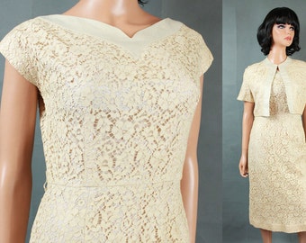 Vintage 50s Dress Jacket Set Sz S Ivory White Beige Champagne Wedding Gown