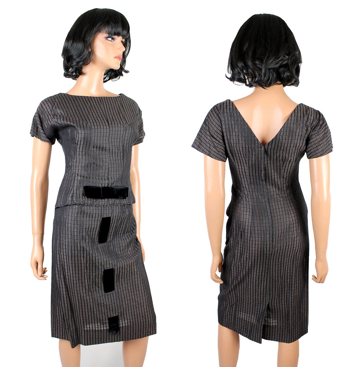 50s 60s Cocktail Dress Sz XS Vintage Black Brown Checkered | Etsy