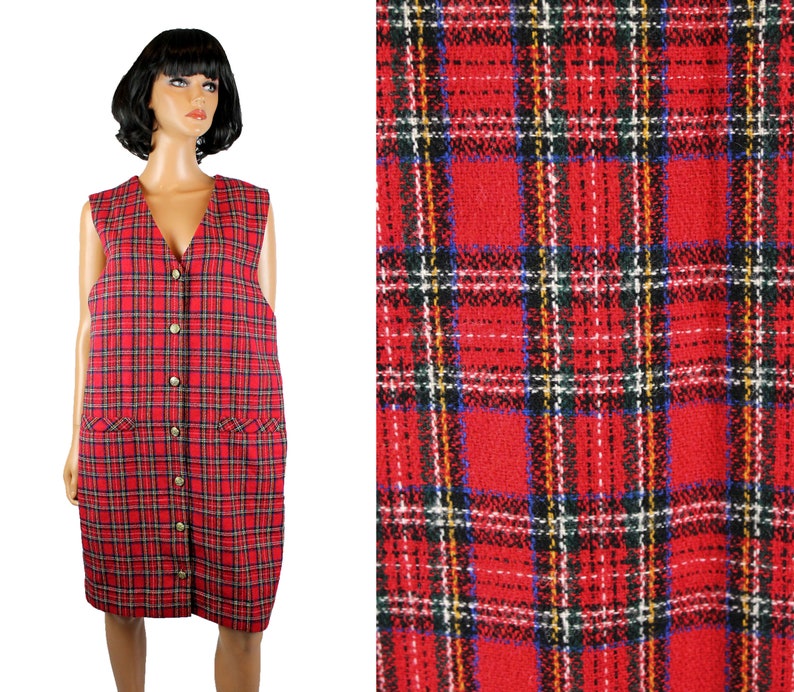 80s Jumper Dress Sz 12 L 100/% Wool Red Black Plaid Schoolgirl Button Down Shift Free US Shipping