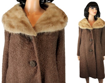 Vintage Winter Coat L XL 60s Brown Fuzzy Wool Honey Blonde Mink Fur Collar