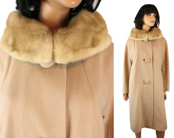 Winter Coat Sz M Vintage Light Brown 100% Cashmere Honey Blonde Mink Fur Collar