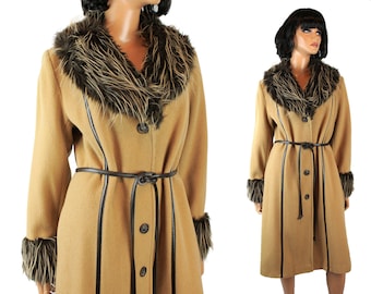 Princess Coat Sz M Vintage Long Tan Brown Wool Blend Gray Faux Fur Collar Cuffs