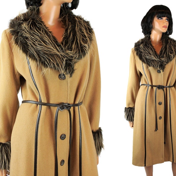 Princess Coat Sz M Vintage Long Tan Brown Wool Blend Gray Faux Fur Collar Cuffs