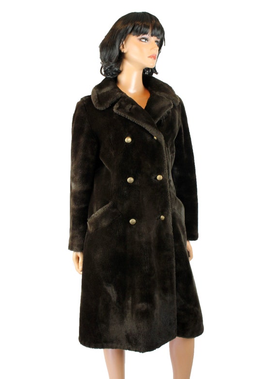 Faux Fur Trench Coat Sz M Vintage 70s Dark Brown … - image 5