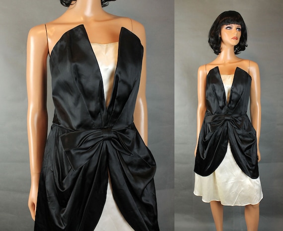 80s Prom Dress XS Jrs S Vintage Black White Satin… - image 1