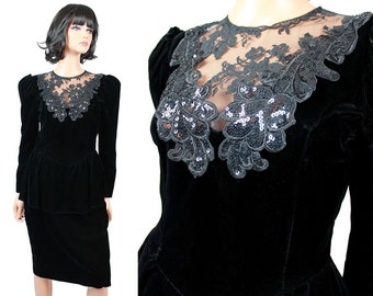 80s Cocktail Dress XS Black Velvet Sheer Lace Back Sequin Peplum Wiggle Gown