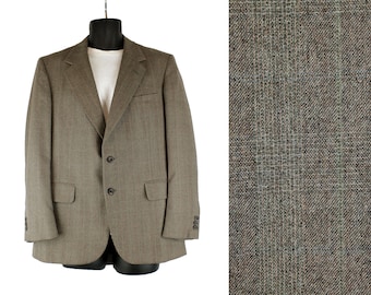 100% Wool Blazer Sz 42S Slim Vintage 80s Taupe Brownish Gray Checked Jacket Coat