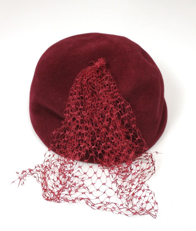 Vintage Pillbox Hat 50s Dark Burgundy Red Fur Felt Tulle Netting Cap Fascinator Free US Shipping