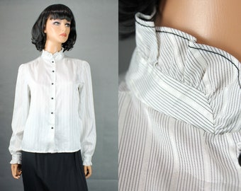 Vintage Tuxedo Blouse S M Black White Striped Ruffled Collar Cuffs Dress Shirt