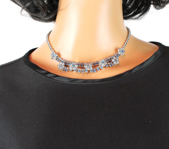 50s Rhinestone Necklace 15." Vintage Ice Blue Sap… - image 3