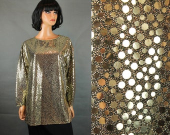 80s Disco Shirt M L Vintage Shiny Sparkly Long Sleeve Gold Sequin Glam Blouse