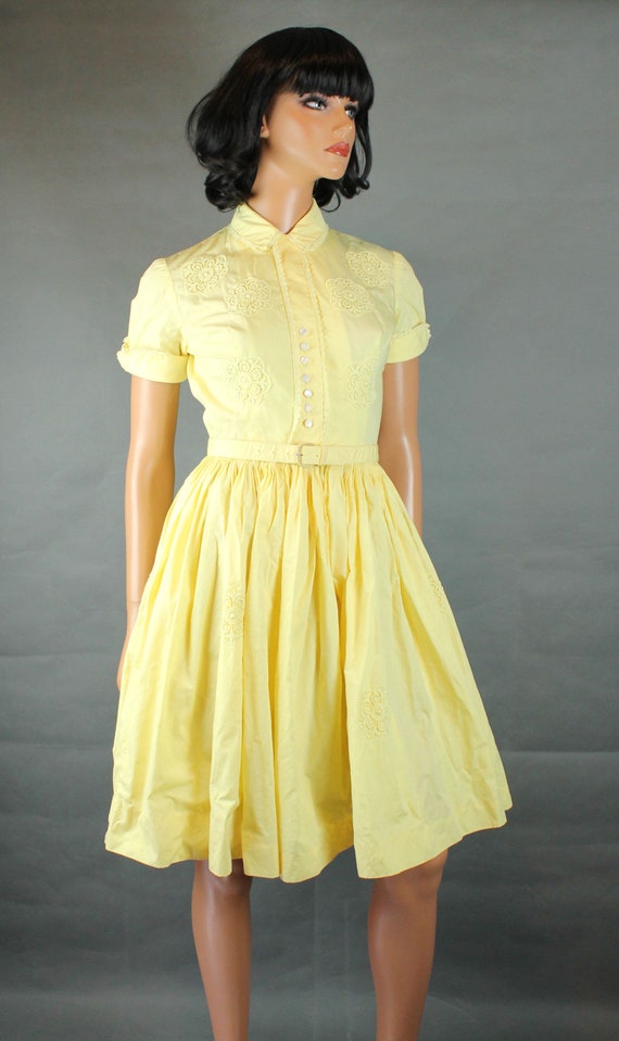 50s Party Gown Sz XS Vintage Butter Yellow Cotton… - image 6