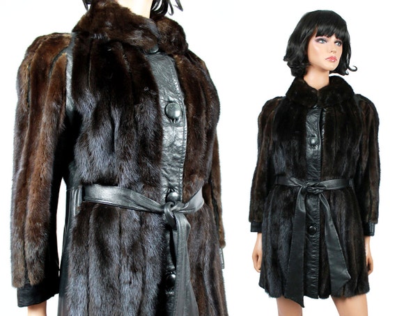 Vintage Mink Fur Leather Striped Princess Trench Coat Sz XS | Etsy
