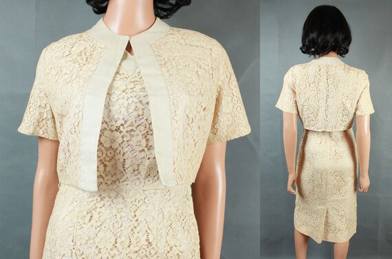 Vintage 50s Dress Jacket Set Sz S Ivory White Bei… - image 2