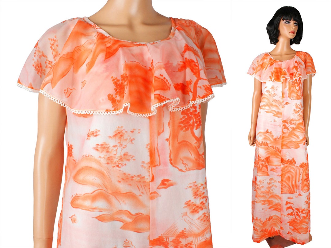 Hilo Hattie Dress M L Vintage 70s Hawaiian Orange White Chiffon Long ...