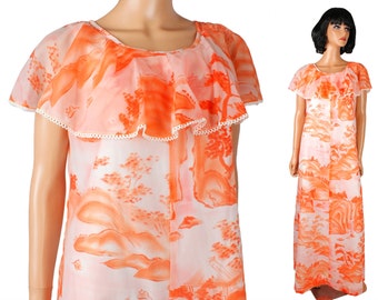 Hilo Hattie Dress M L Vintage 70s Hawaiian Orange White Chiffon Long Maxi Asian