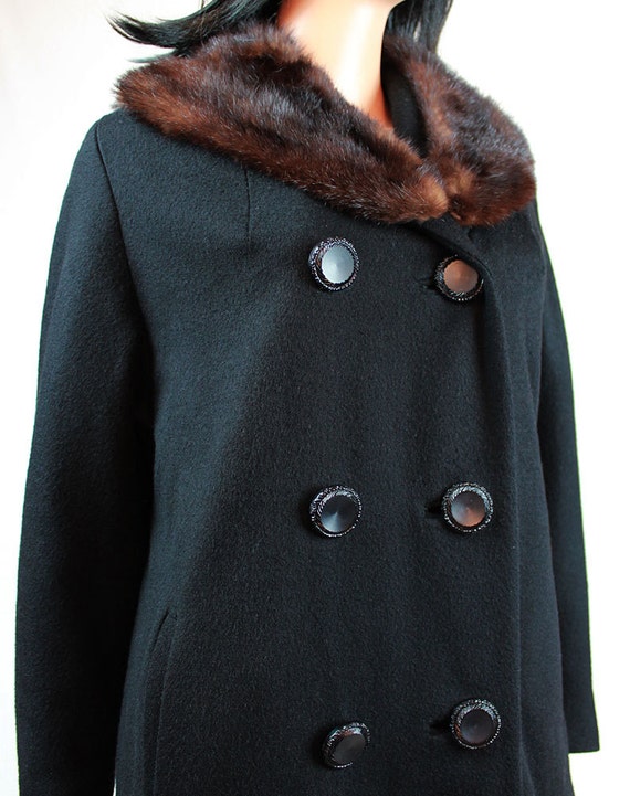 Fur Collar Coat Sz M Vintage 50s 60s Black Wool B… - image 2