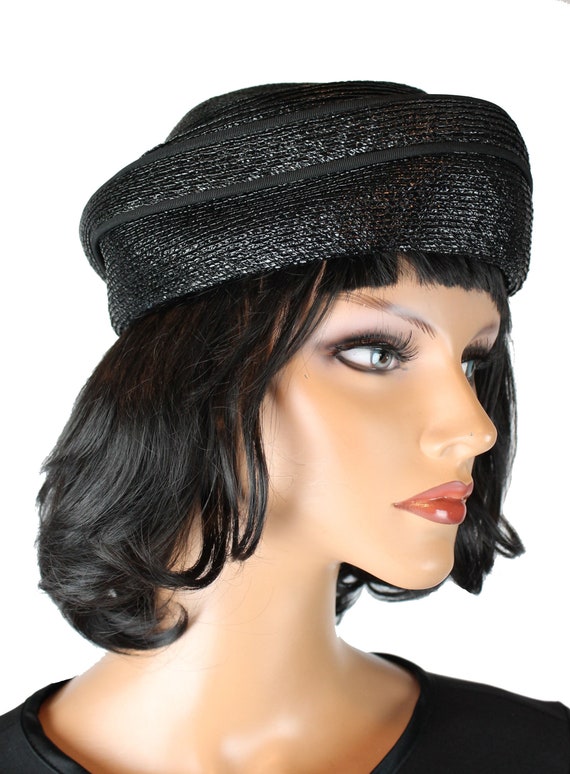 Vintage Bumper Hat Sz M 60s Black Shiny Raffia Str