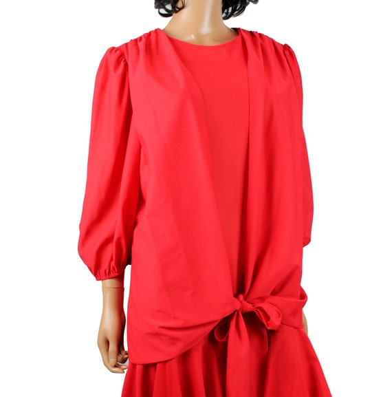 80s Twinset Dress Sz L Vintage Red Crepe Ruffled … - image 4