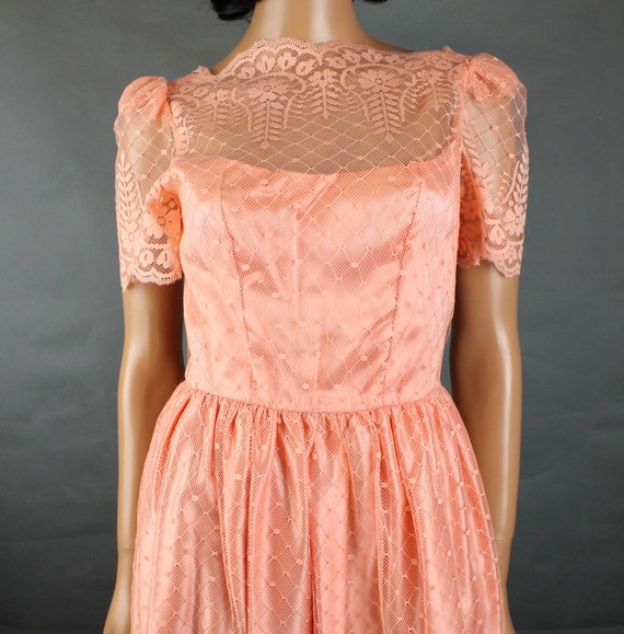 80s Prom Dress Jrs XS Vintage Pinkish Peach Lace … - image 8
