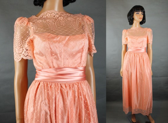 80s Prom Dress Jrs XS Vintage Pinkish Peach Lace … - image 1