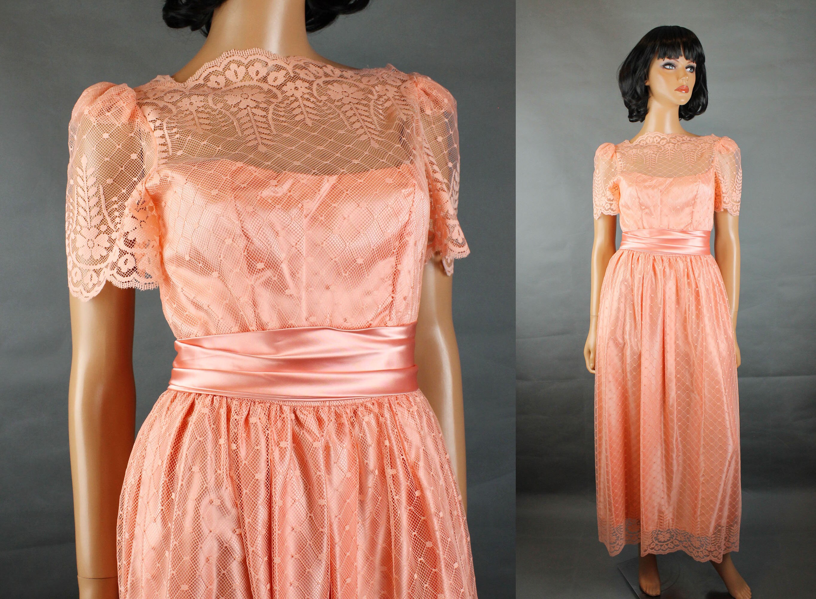 80s Prom Dress Jrs Xs Vintage Pinkish Peach Lace Satin Short Sleeve Party Gown