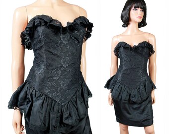 Suknia balowa z lat 80. XX wieku Jr XS Vintage bez ramiączek czarna koronkowa peplum krótka mini sukienka kostium