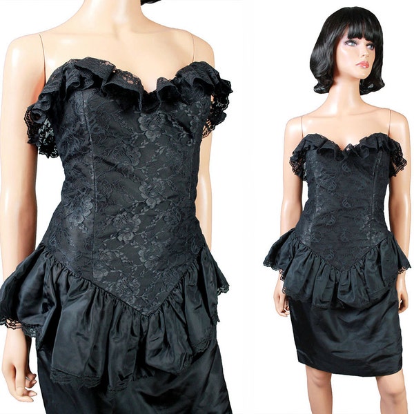 80s Prom Dress Jr XS Vintage Strapless Black Lace Peplum Short Mini Gown Costume