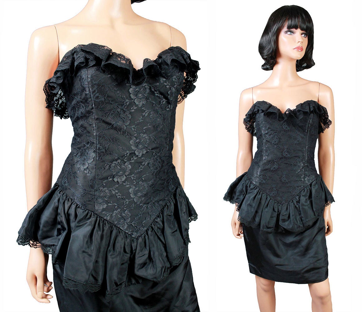 80s Prom Dress Jr XS Vintage Strapless Black Lace Peplum Short Etsy