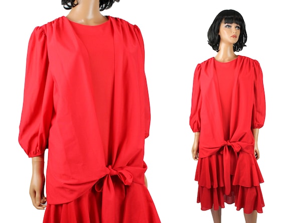 80s Twinset Dress Sz L Vintage Red Crepe Ruffled … - image 1