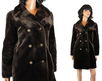 Faux Seal Fur Coat Sz S Vintage 70s Dark Brown Thigh Length Winter Jacket