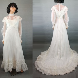 Hippie Wedding Gown XS Vintage 70s White Pleated Chiffon Lace Chapel Train Dress